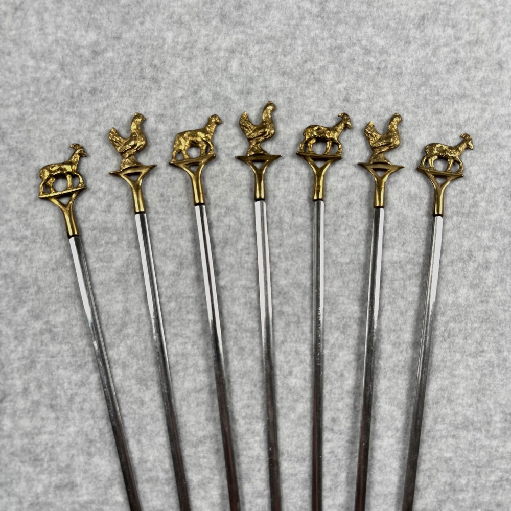 Vintage Turkish Brass Animal Shish Kebab Skewers Set of 7 Ram Rooster BBQ
